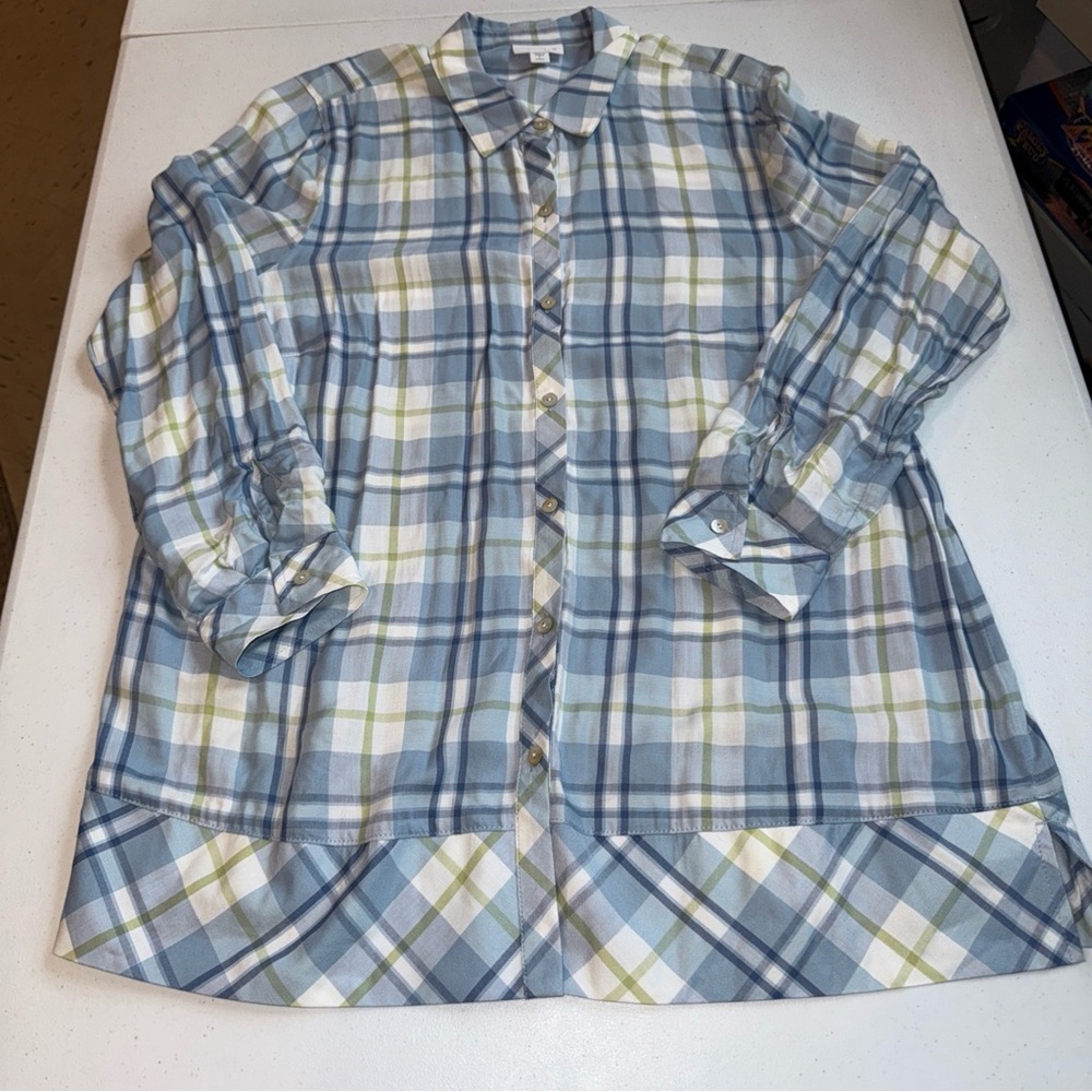 J Jill Blue Plaid Viscose Rayon Button Down Tunic Top Petite Large L‎ P